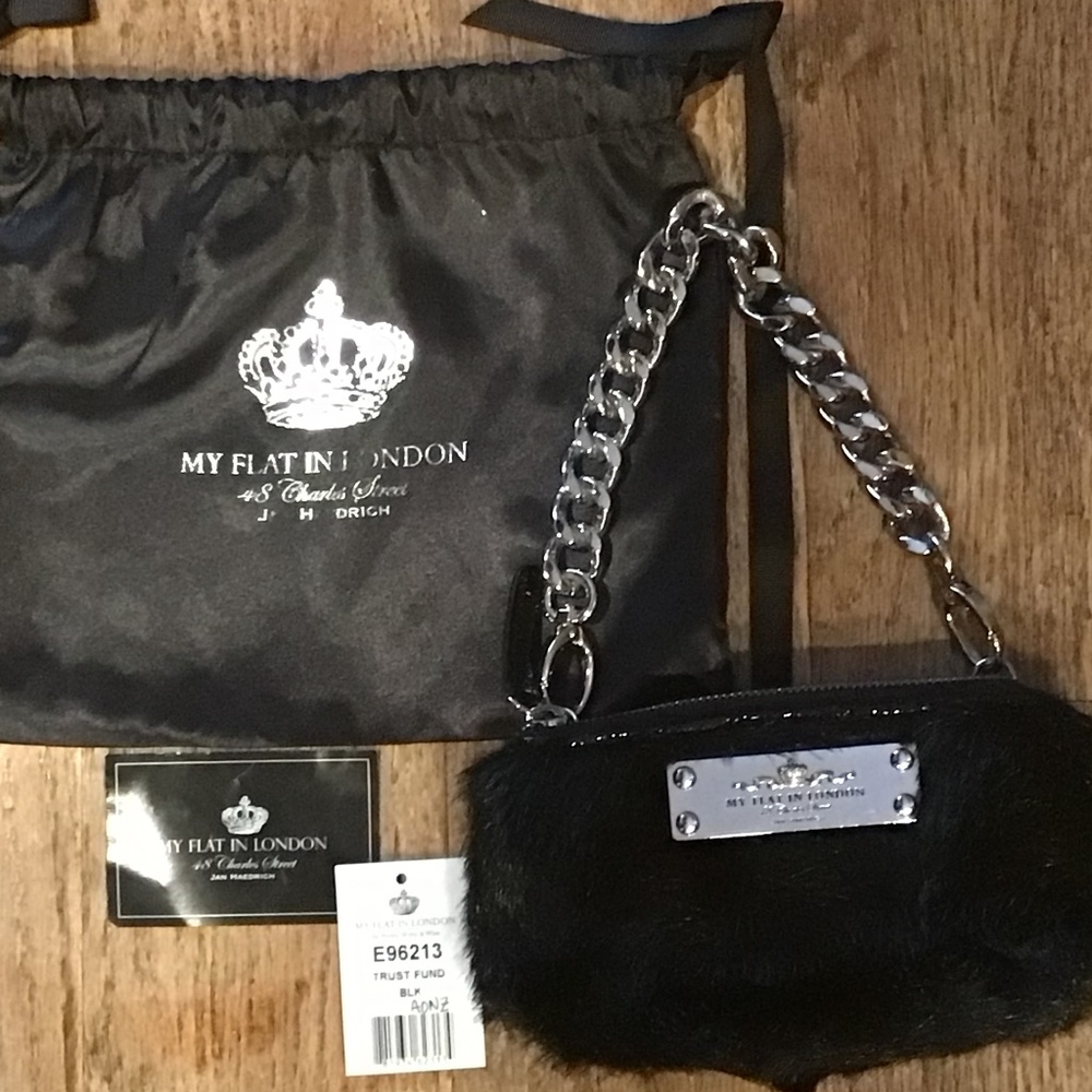 ** NWT MY FLAT IN LONDON SMALL BLACK FAUX FUR HANDBAG WITH DUST BAG — $40